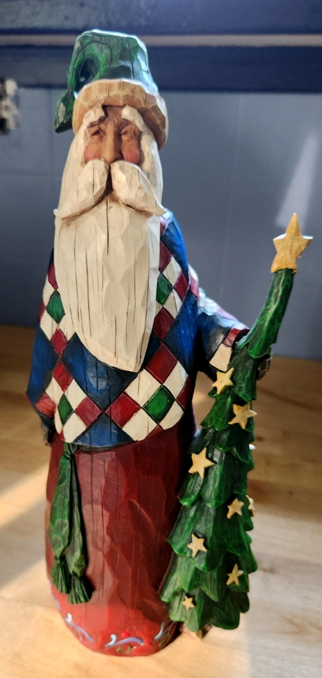 2002 Jim Shore Enesco Heartwood Creek Tall Santa w/ Tree Plaid 105530 Rustic