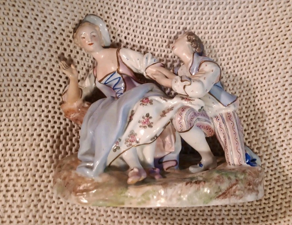 Antique Royal Crown Derby Rococo Scene Man Courting Woman Porcelain Figurine