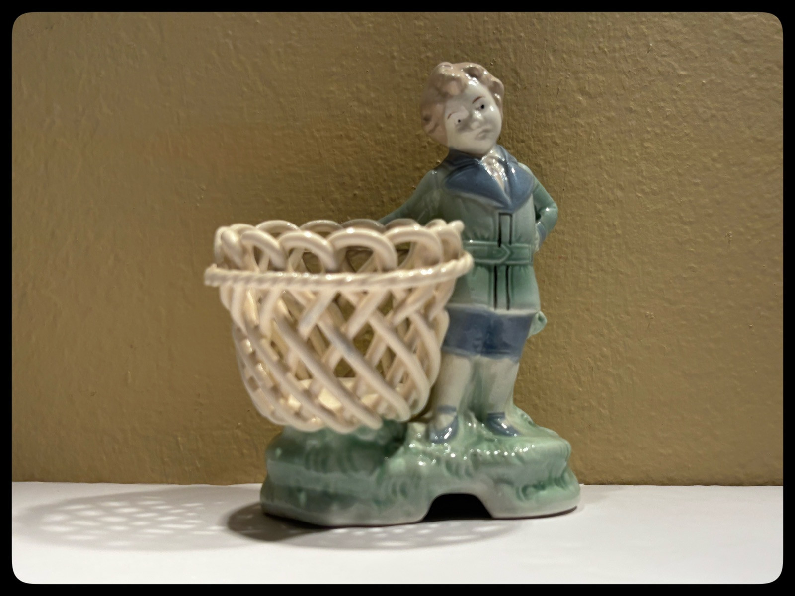 Antique “Boy with a Basket” Ceramic Figurine. Please See Full Description.