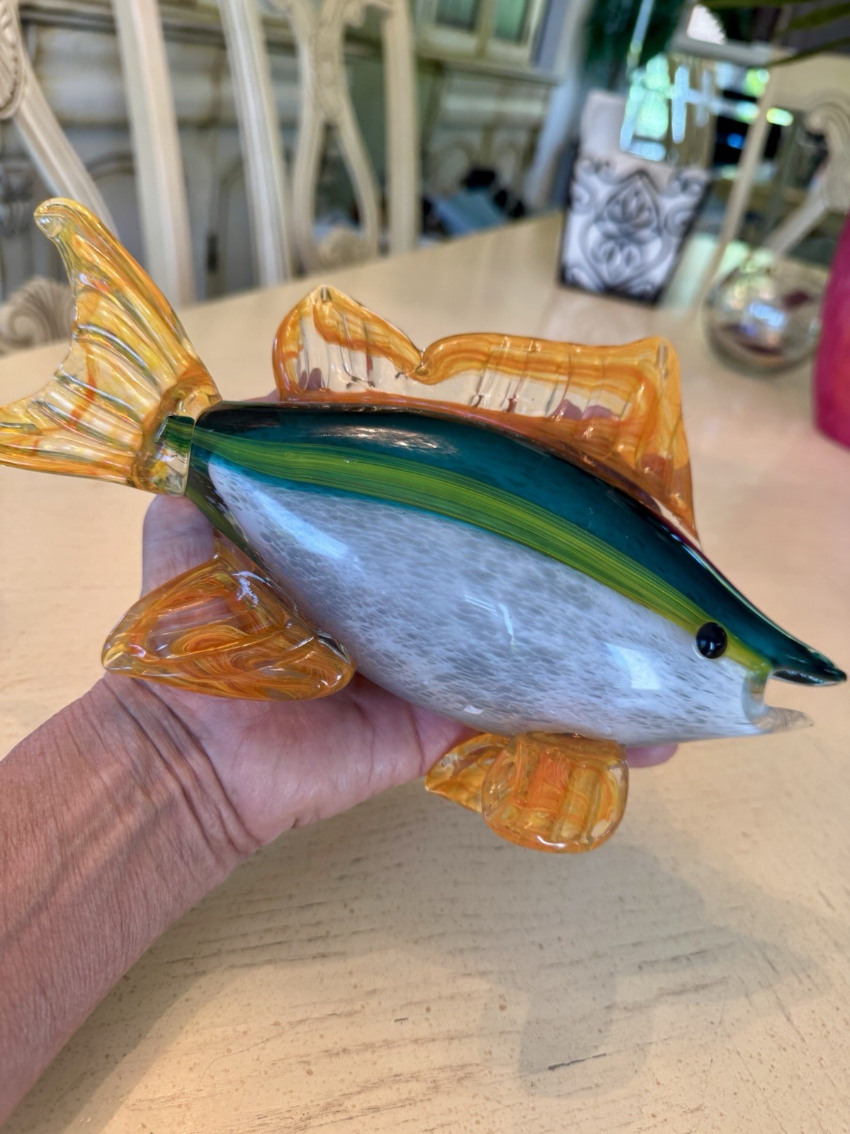 Large Hand Blown Art Glass Tropical Fish Sculpture 11” Murano Sty Amber Green Bl