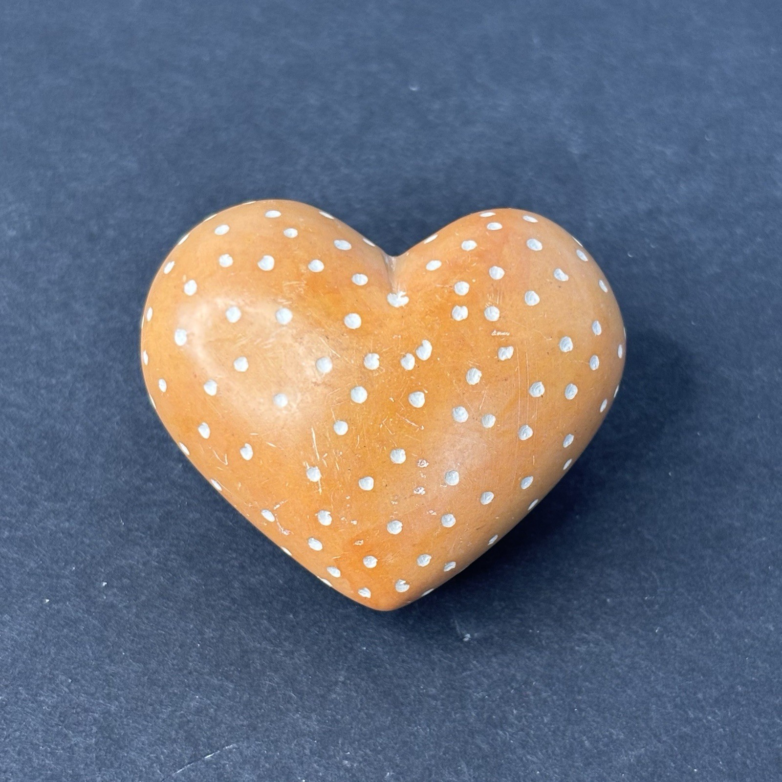 Solid Orange Hand Carved and Painted White Polka Dots Soapstone Heart (2 in)