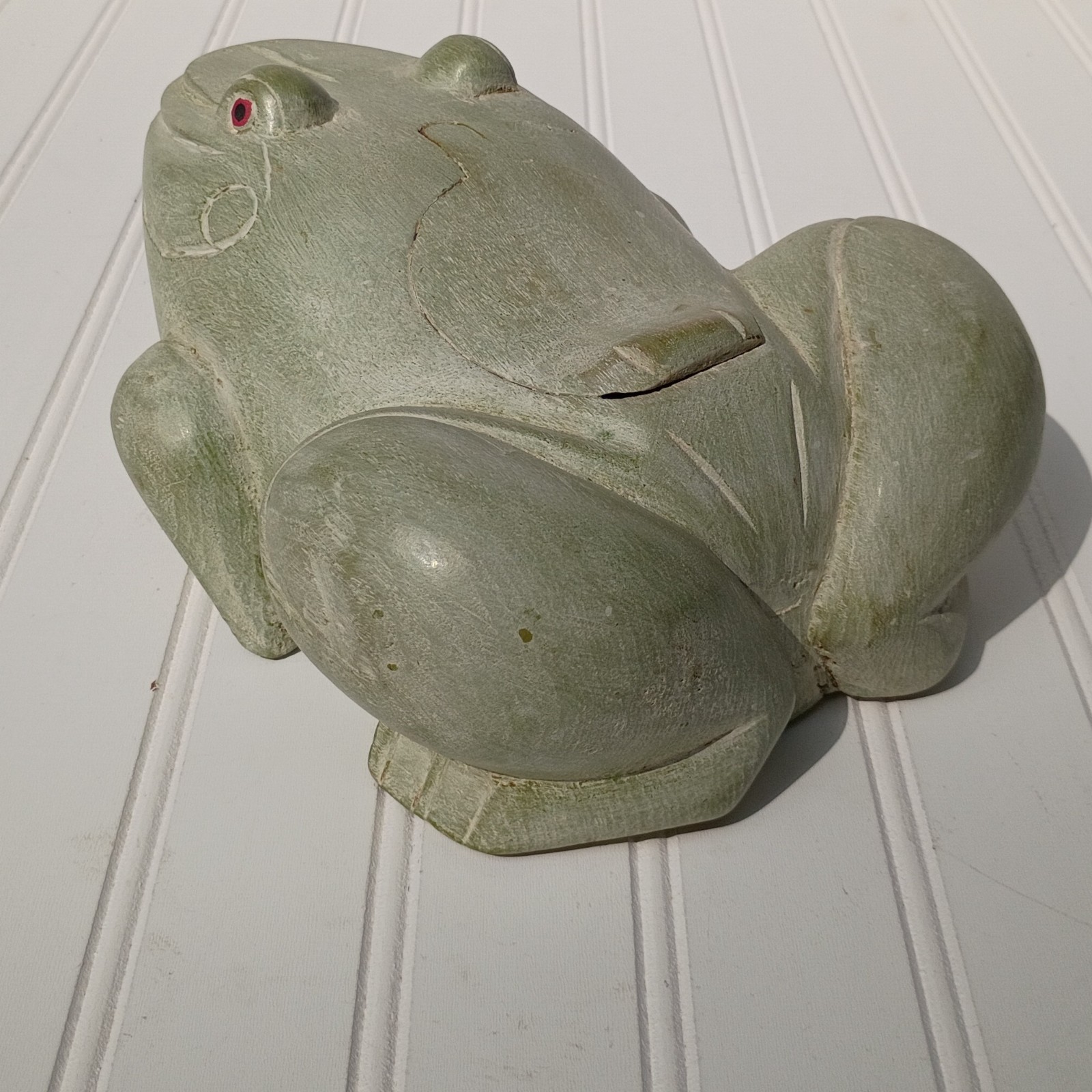 Vintage Thai Hand Carved Wood Frog Trinket Box Green Painted Folk Art Thailand