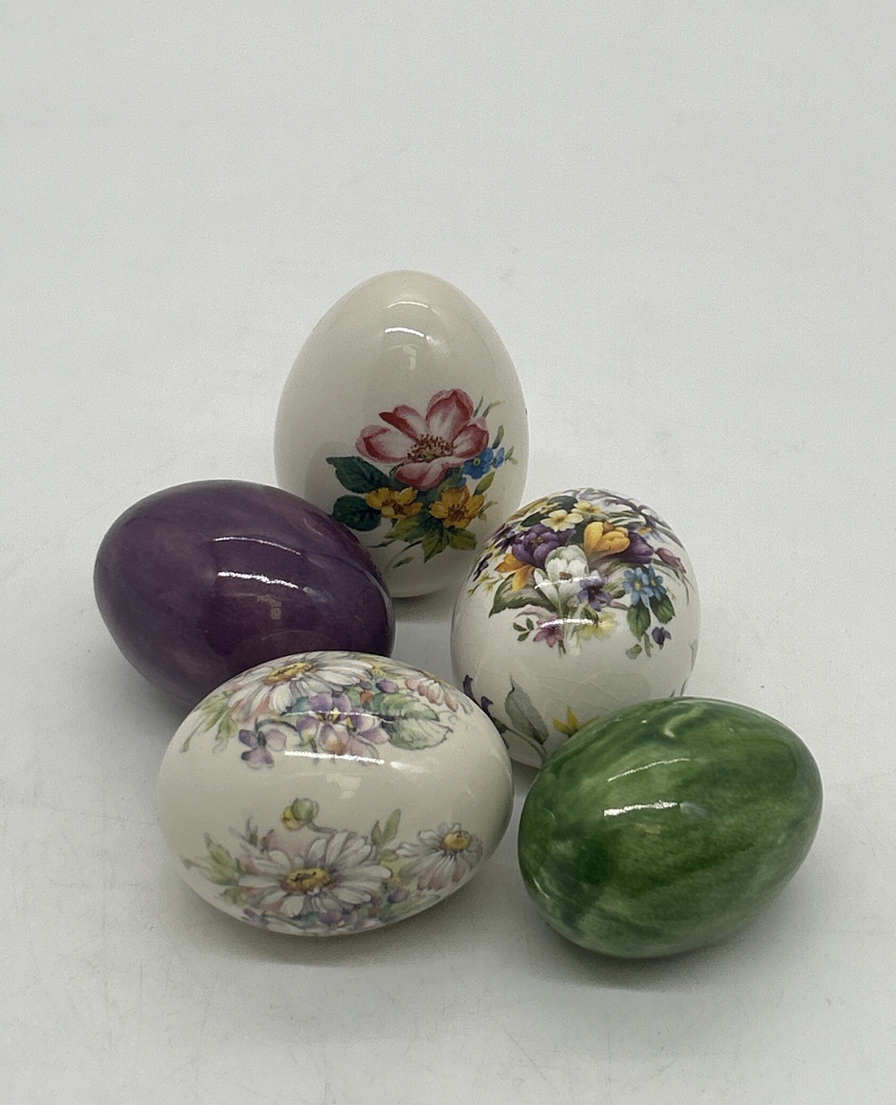 Lot Of 5 Vintage Egg Lady Floral Porcelain & Ceramic Handmade Purple/Green Eggs