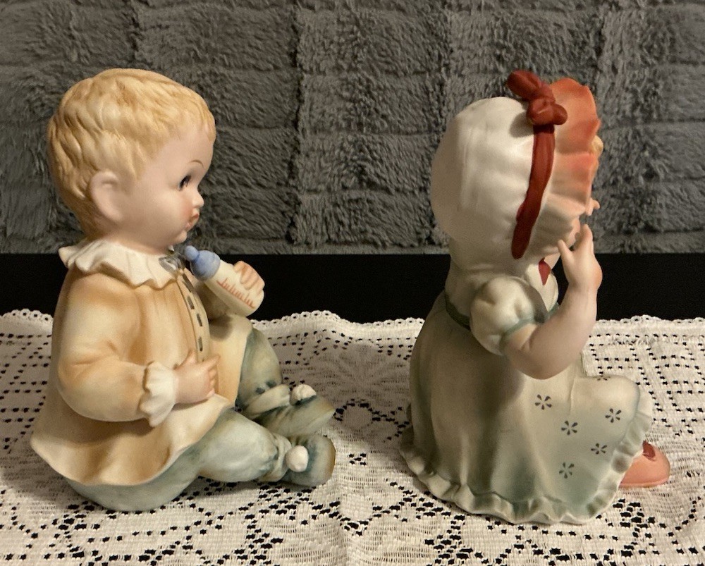 Vintage Lefton Piano Baby Figurines Boy Girl Set KW1927 Japan Porcelain Bisque
