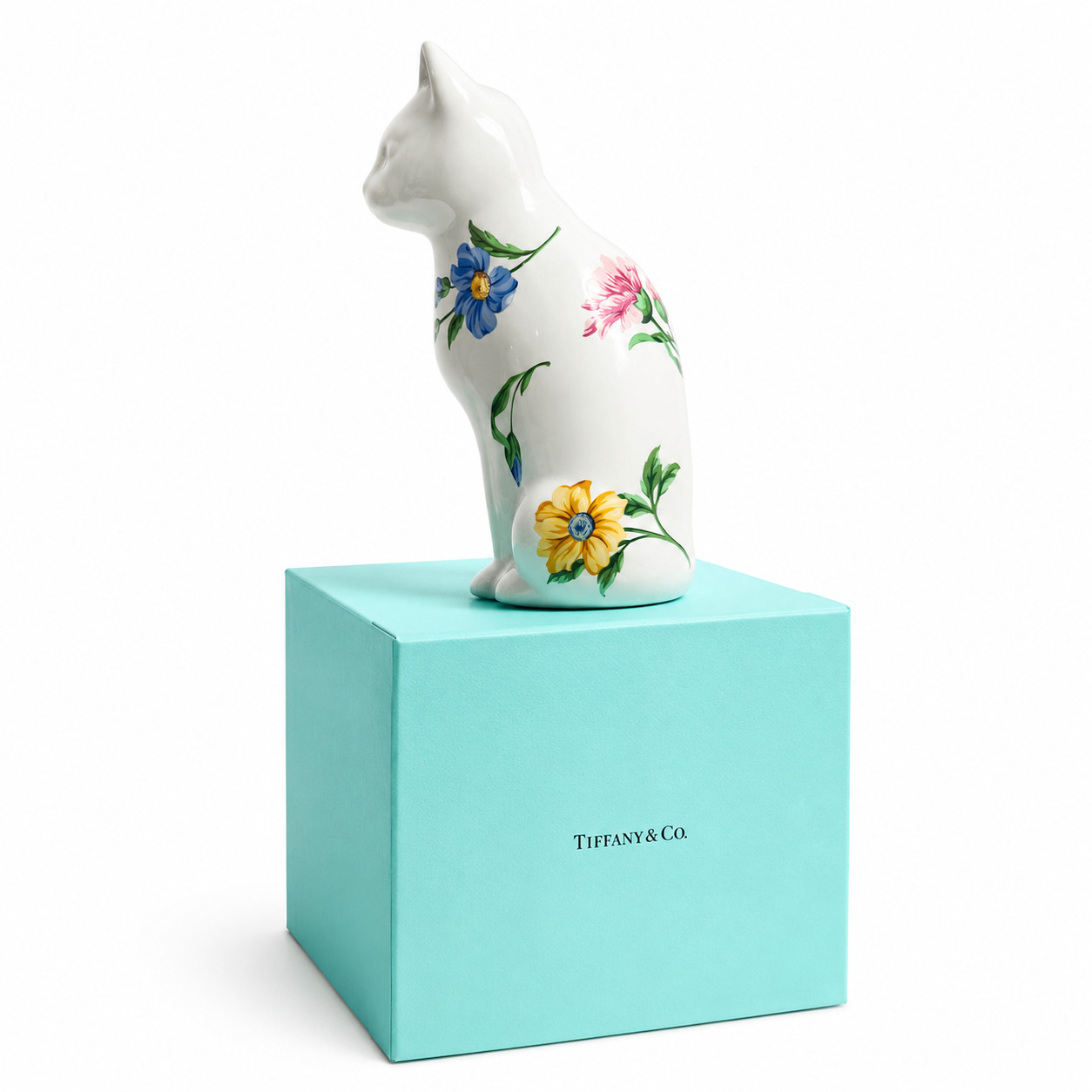 Tiffany Co 1996 Sintra Floral Cat Figurine Hand Painted Porcelain Portugal MIB