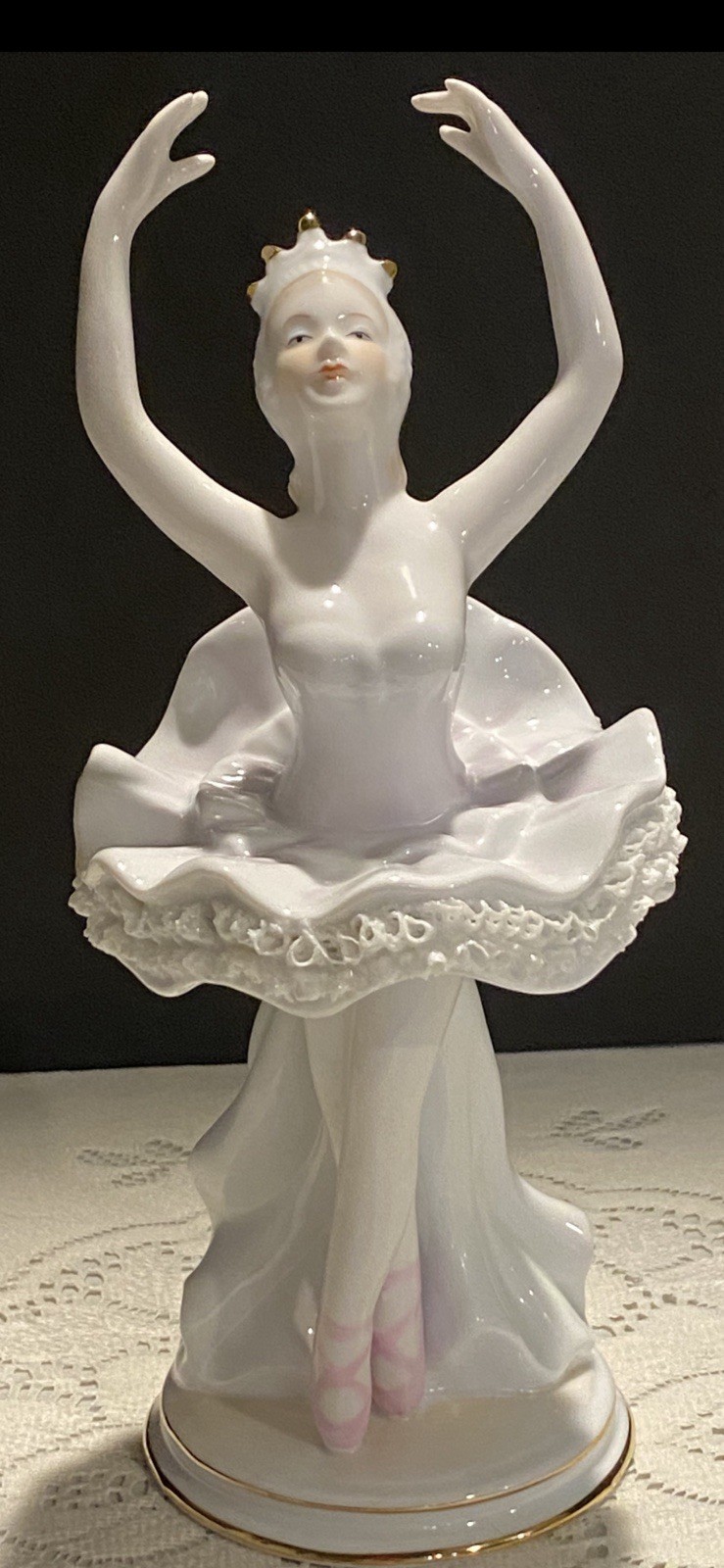 Vintage Porcelain Ballerina Figurine White Tutu Gold Crown Made In China 10”tall