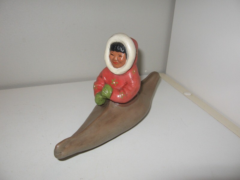 Tuckichuk Figurine of Eskimo Riding in Kayak Alaska 8 1/4″ Length VGC JS2