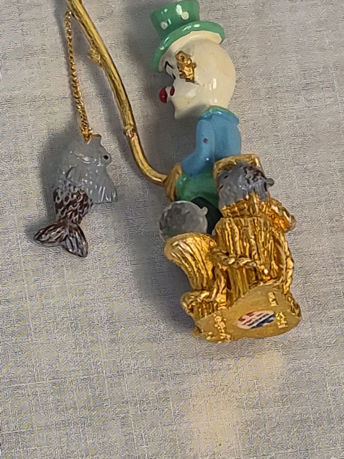 Spoontiques 1980s Gold Plated Pewter Clown Fishing, Swarovski Crystal K1498