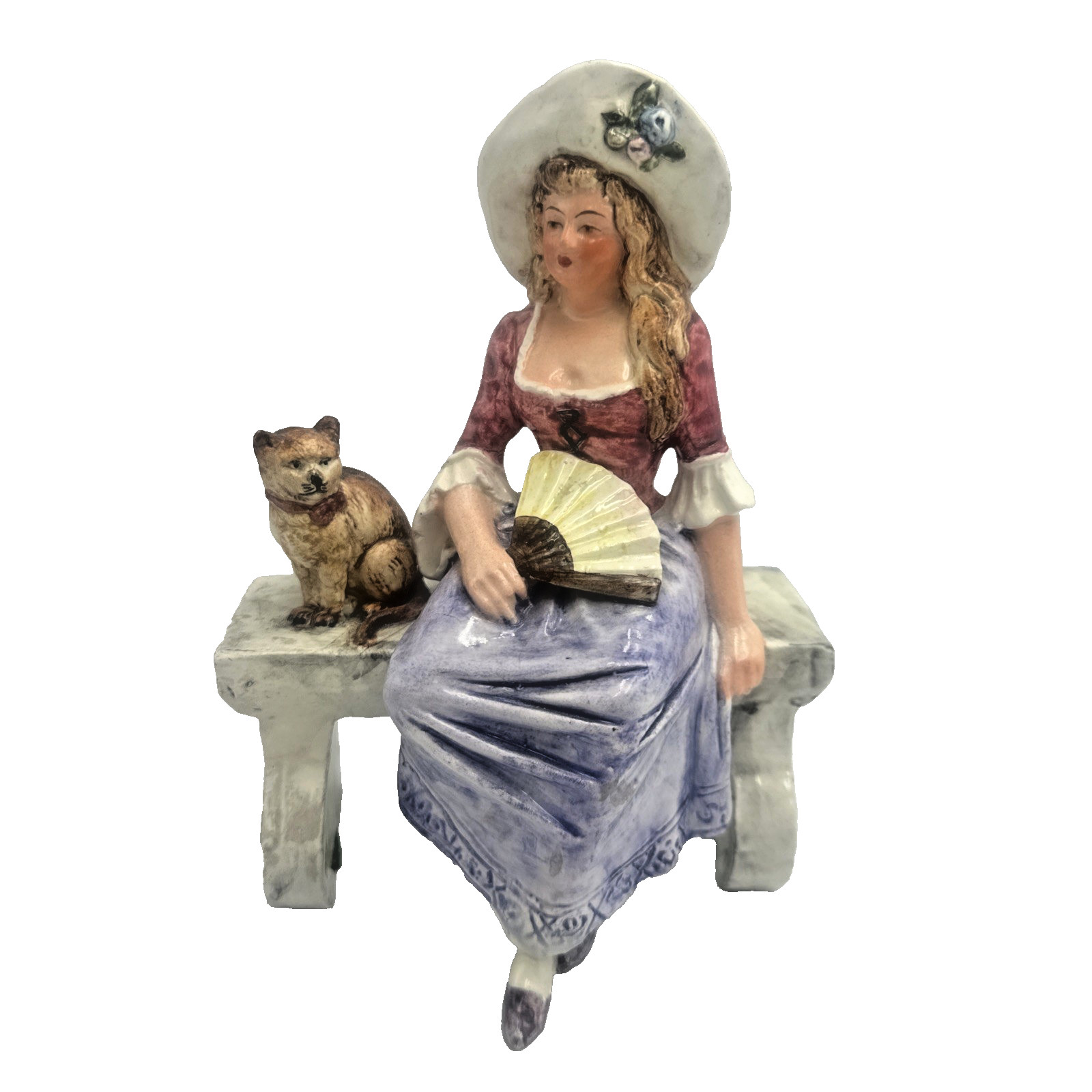 Antique Early 1900s Austrian Majolica Figurine Lady on Bench with Fan Cat