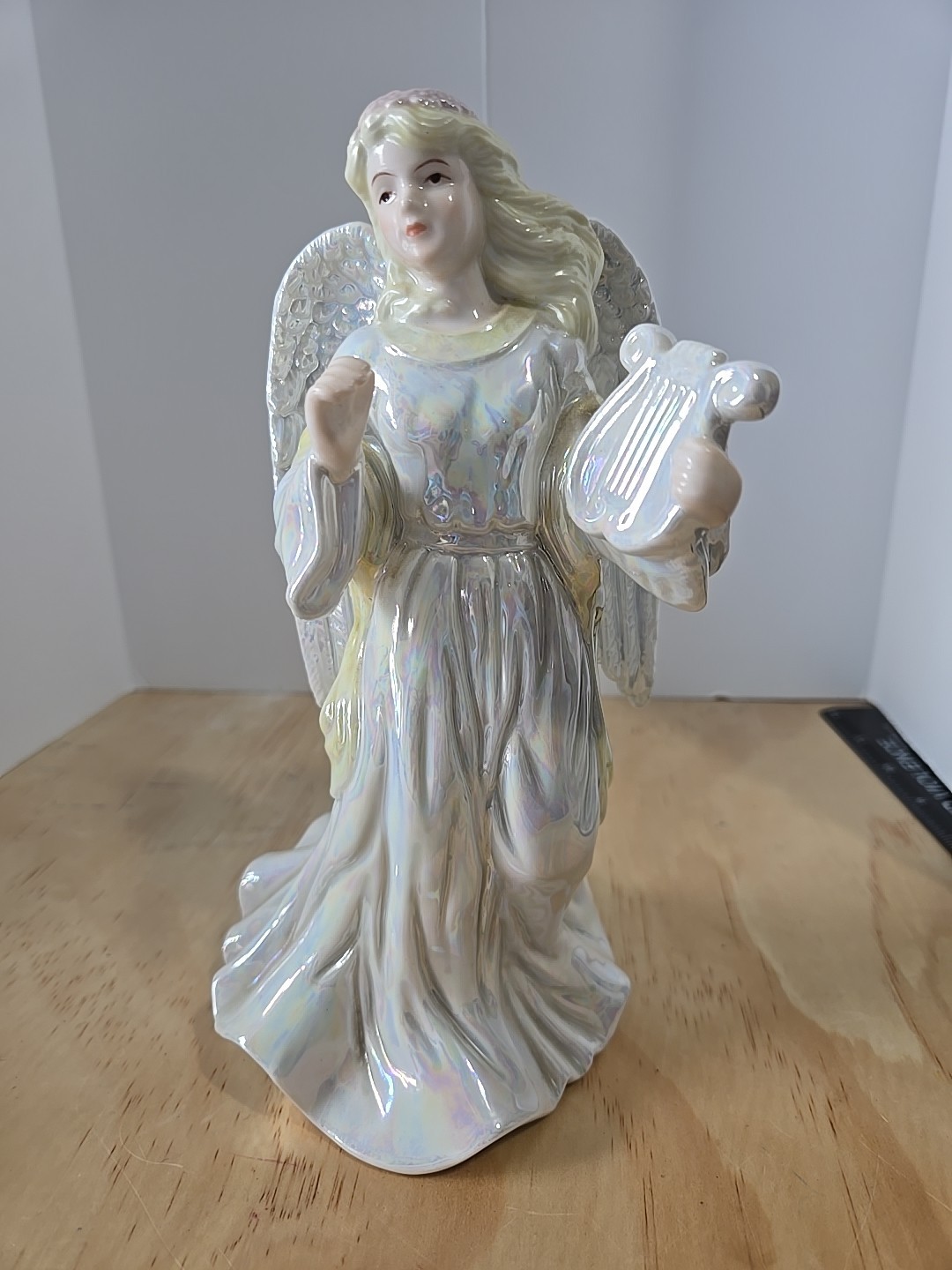 Lovely Porcelain Angel Figurine With Harp Stands 8.5 Inches Tall