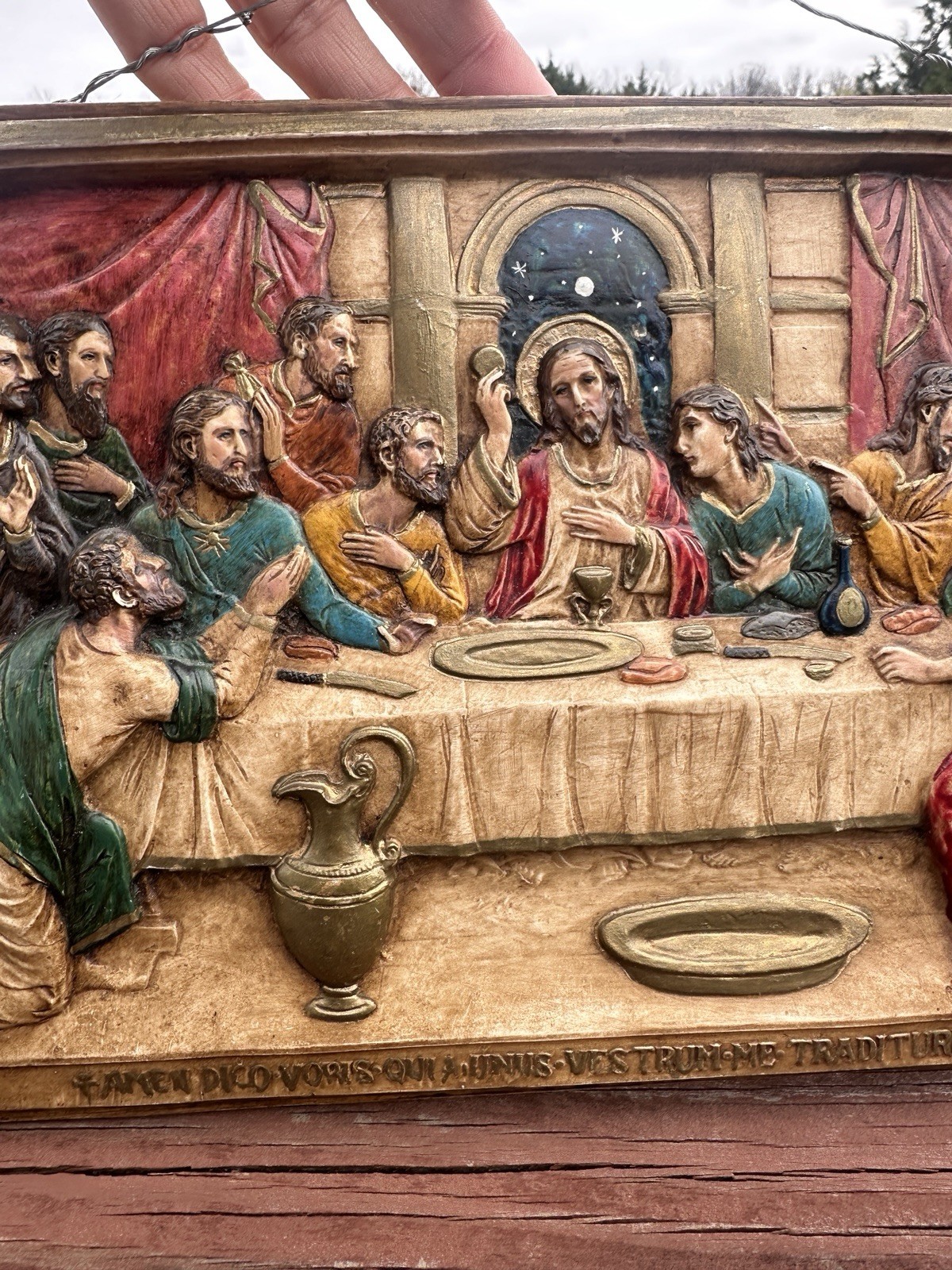 Vtg Hand Painted The Last Supper Wall Plaque Picture Chalk Plaster 13.5” x 8”