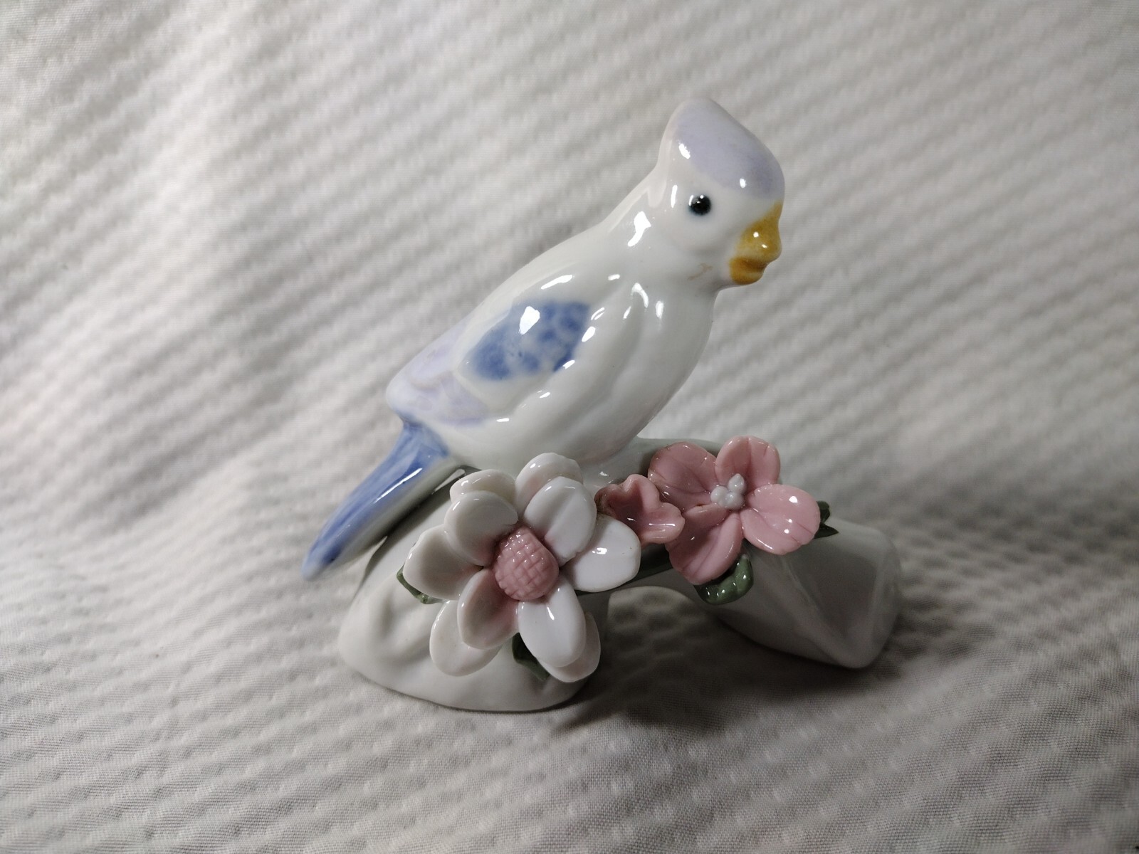 Blue Jay Bird Porcelain Figurine On Branch With Applied Pink White Flowers 3″