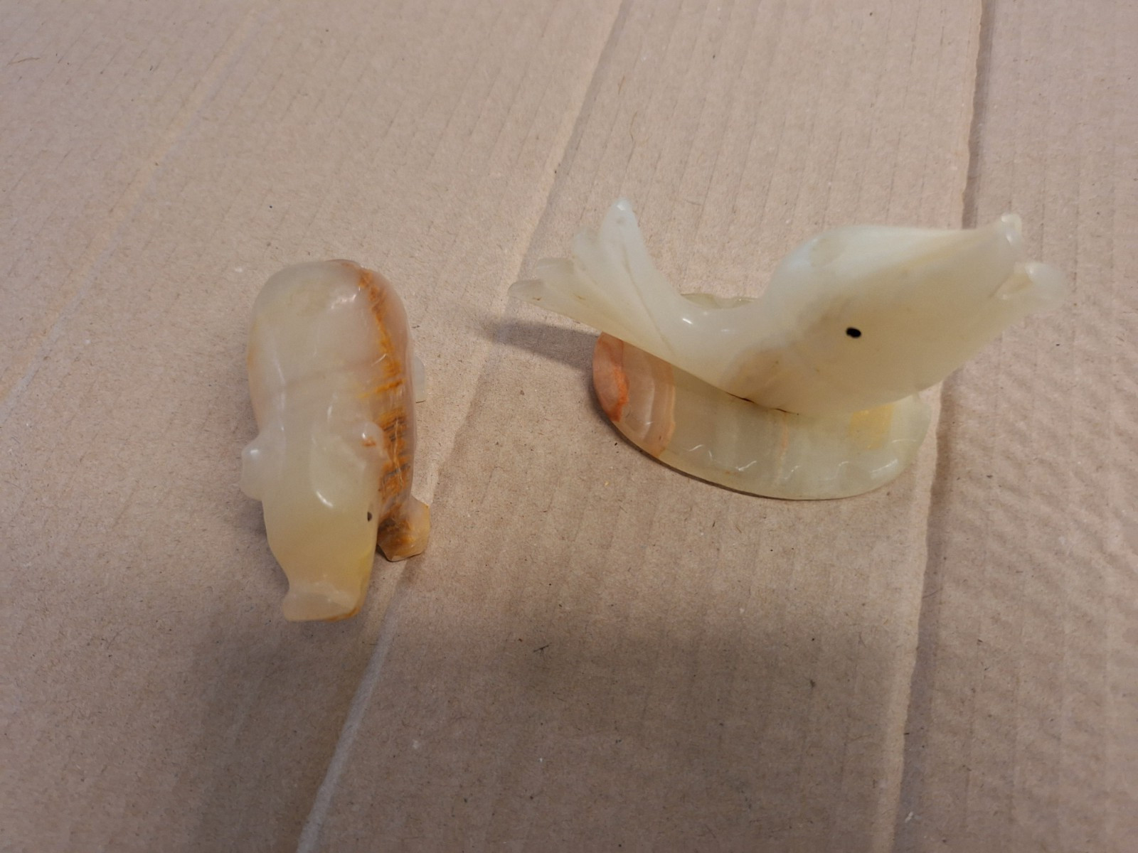 Vintage Onyx Marble Figurines Lot of 2: hand-crafted fish & pig, white & brown
