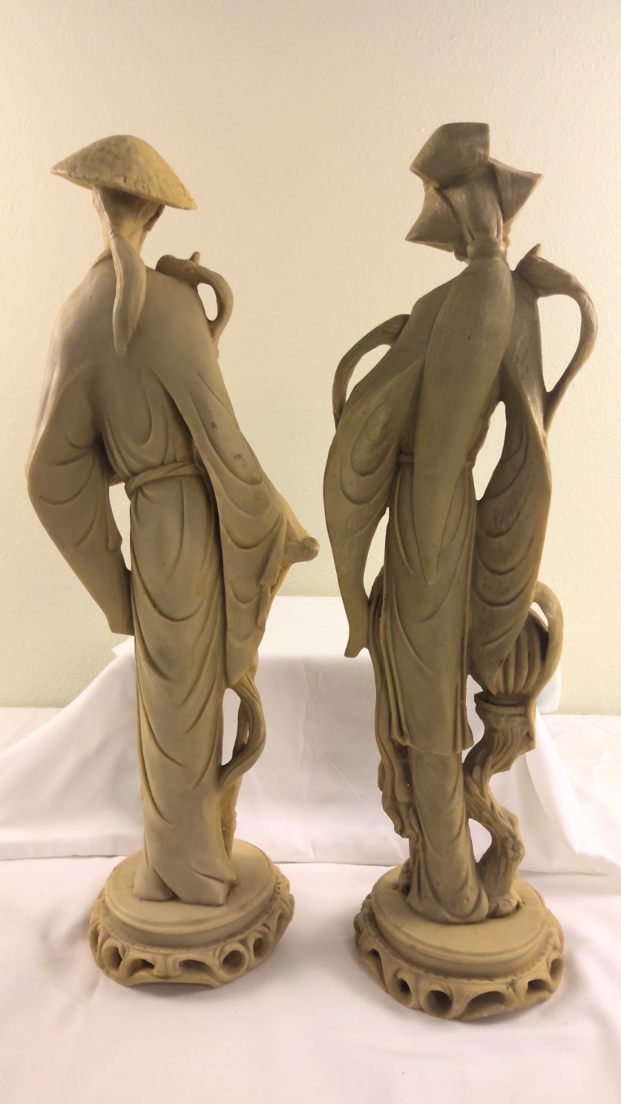 Vintage Asian Carved Resin Man & Woman with Birds Figural Statues 19.5 Inches