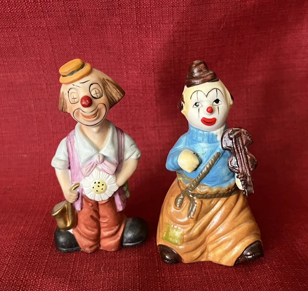 Set of 2 Vintage Ceramic Clown Figurines /Bell Playing Instrument Korea
