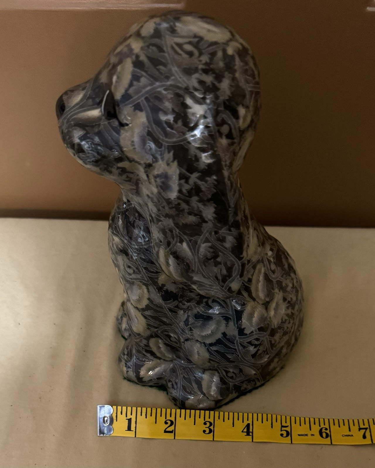 Decoupage Patchwork Floral Porcelain Sitting Dog Figurine Heavy