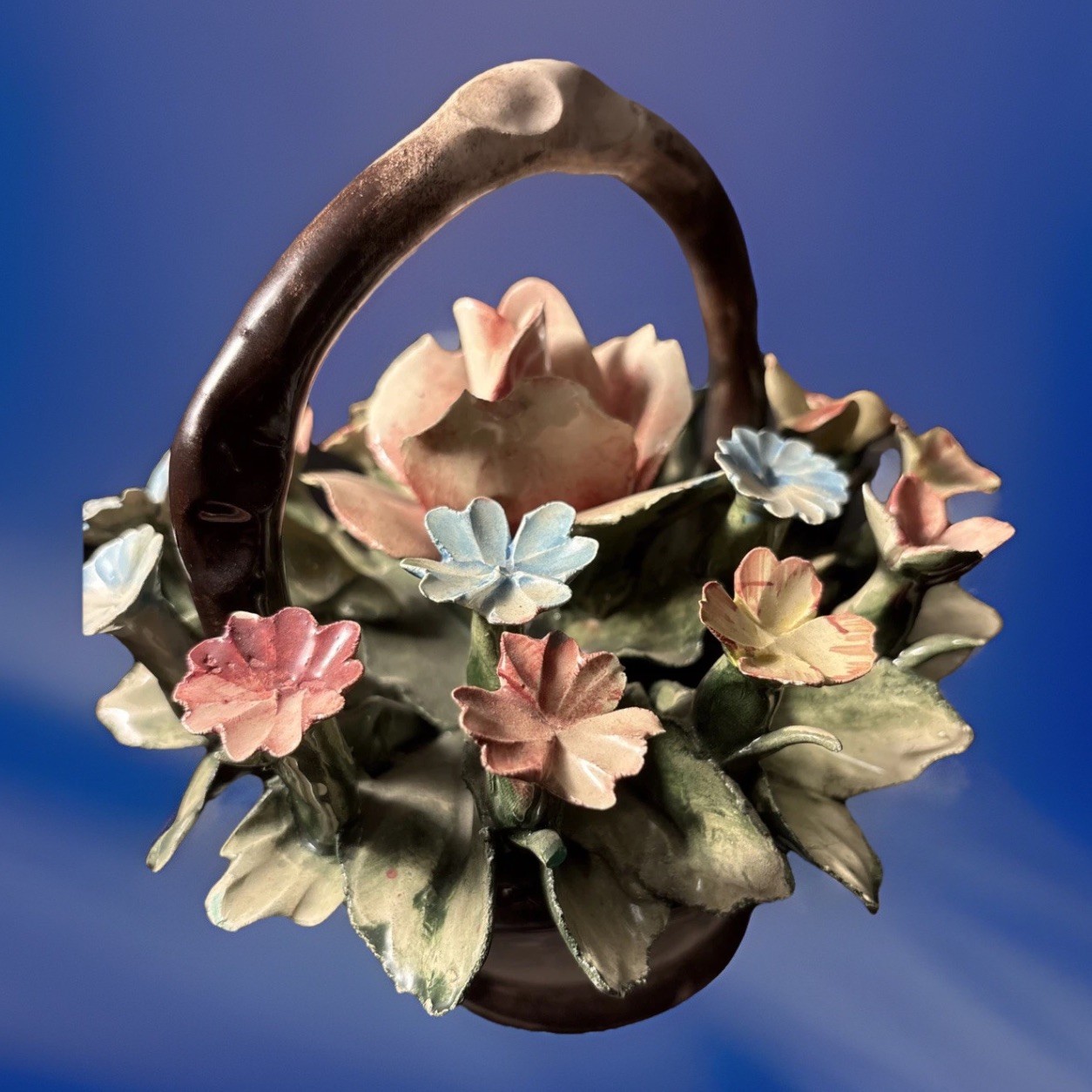 Vintage Capodimonte Italy Porcelain Flower Basket Centerpiece 7” Hand Made