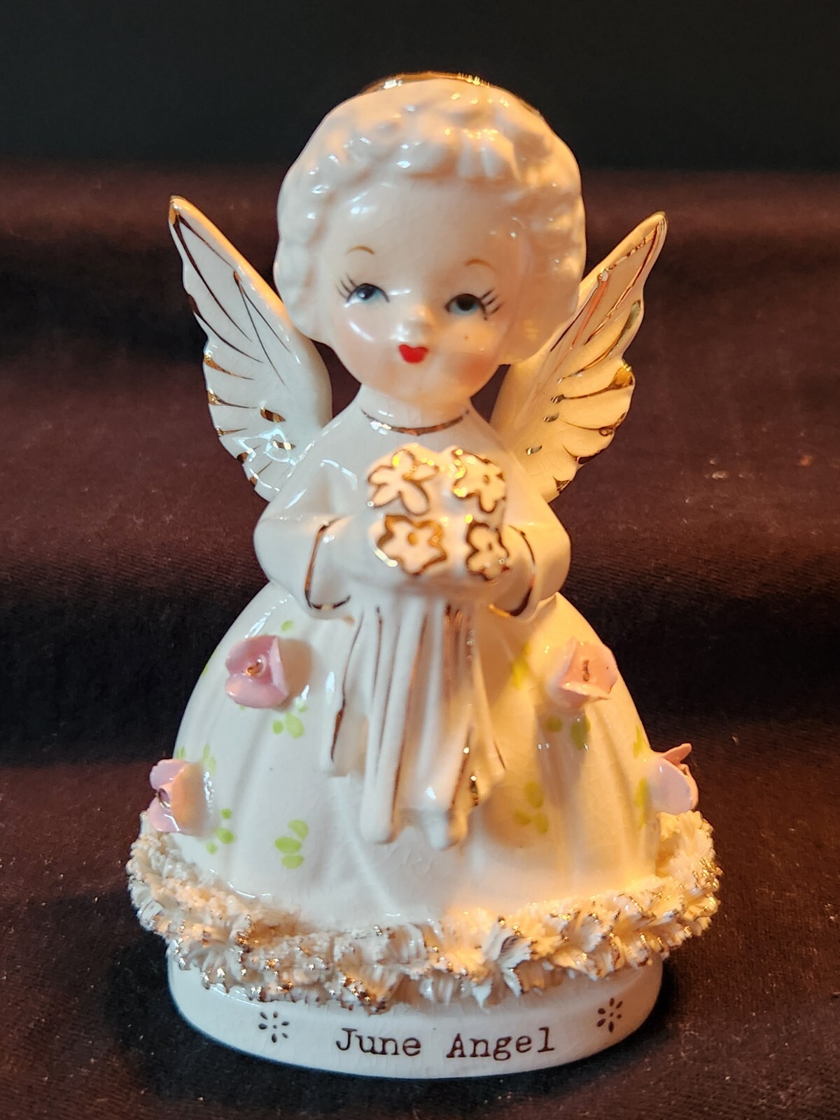 FINE A QUALITY June Birthday Bride Angel Spaghetti Trim Halo Pink Bouquet 1950s