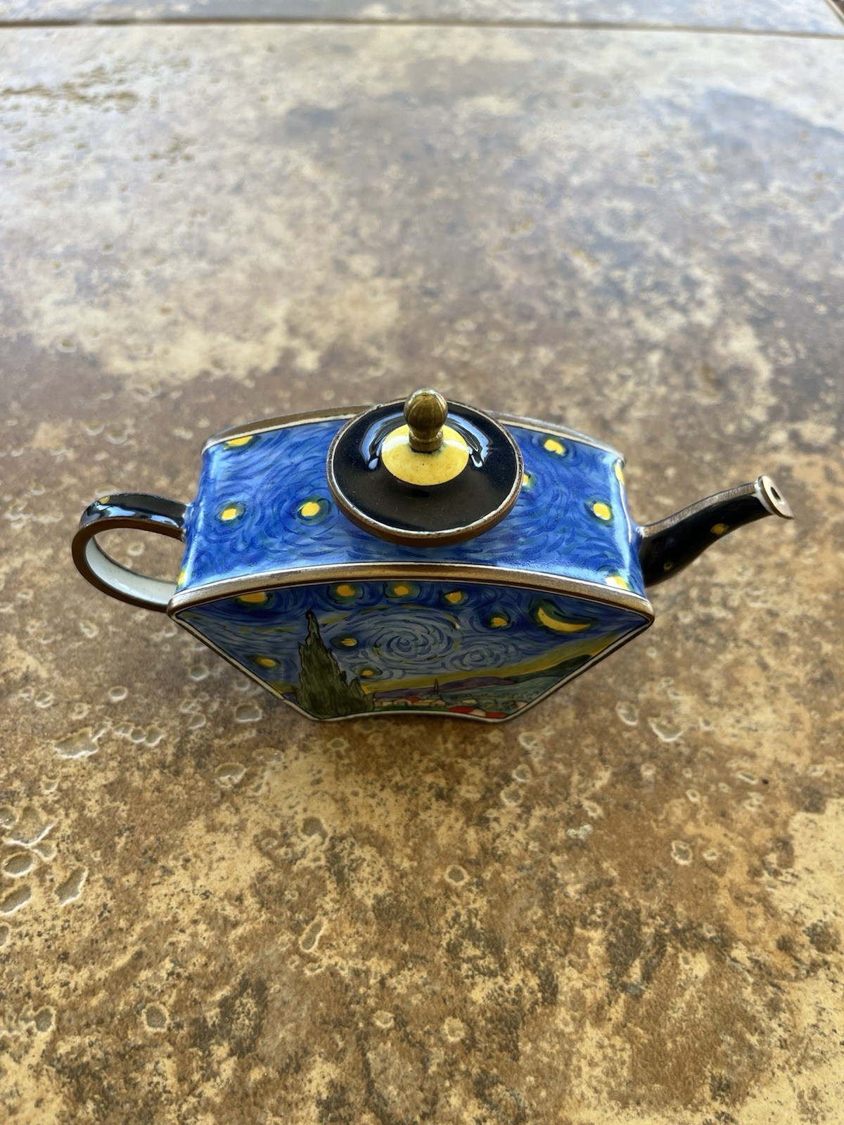 KELVIN CHEN ENAMELED MINIATURE TEAPOT VAN GOGH STARRY NIGHT – 2001 – WITH PAPER
