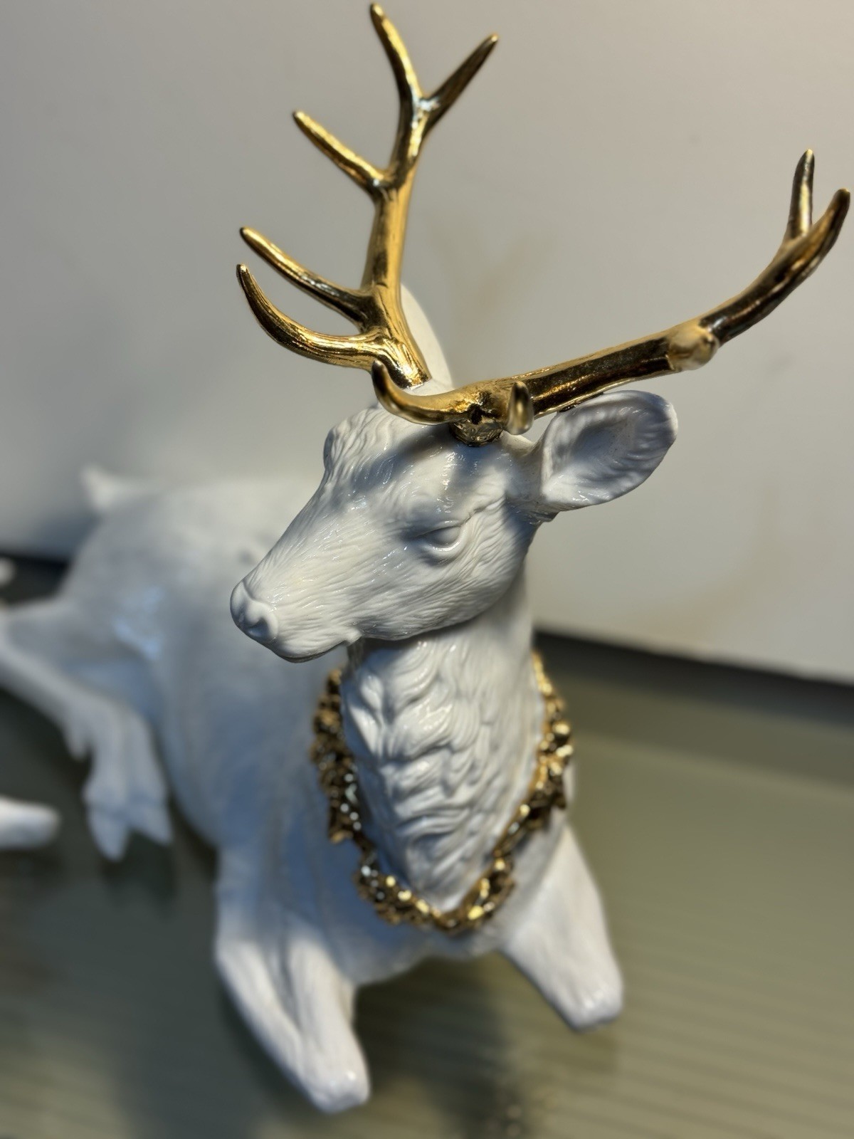 THREE PIECE WHITE PORCELAIN DEER FAMILY GOLD ACCENTS Excellent Condition W/ Box
