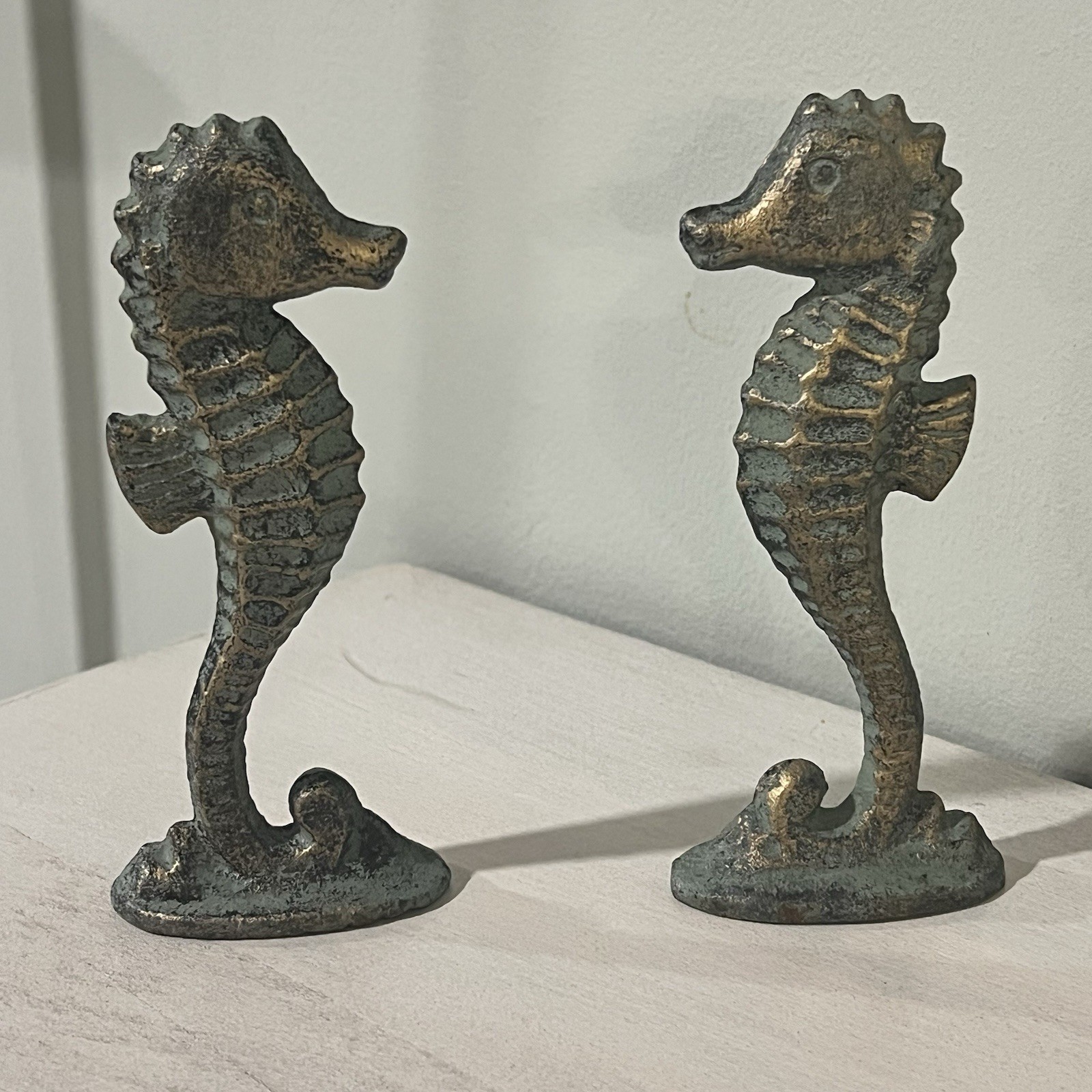 Cast Iron Nautical Seahorse Figurines Green Patina Tropical Decor Set of 2