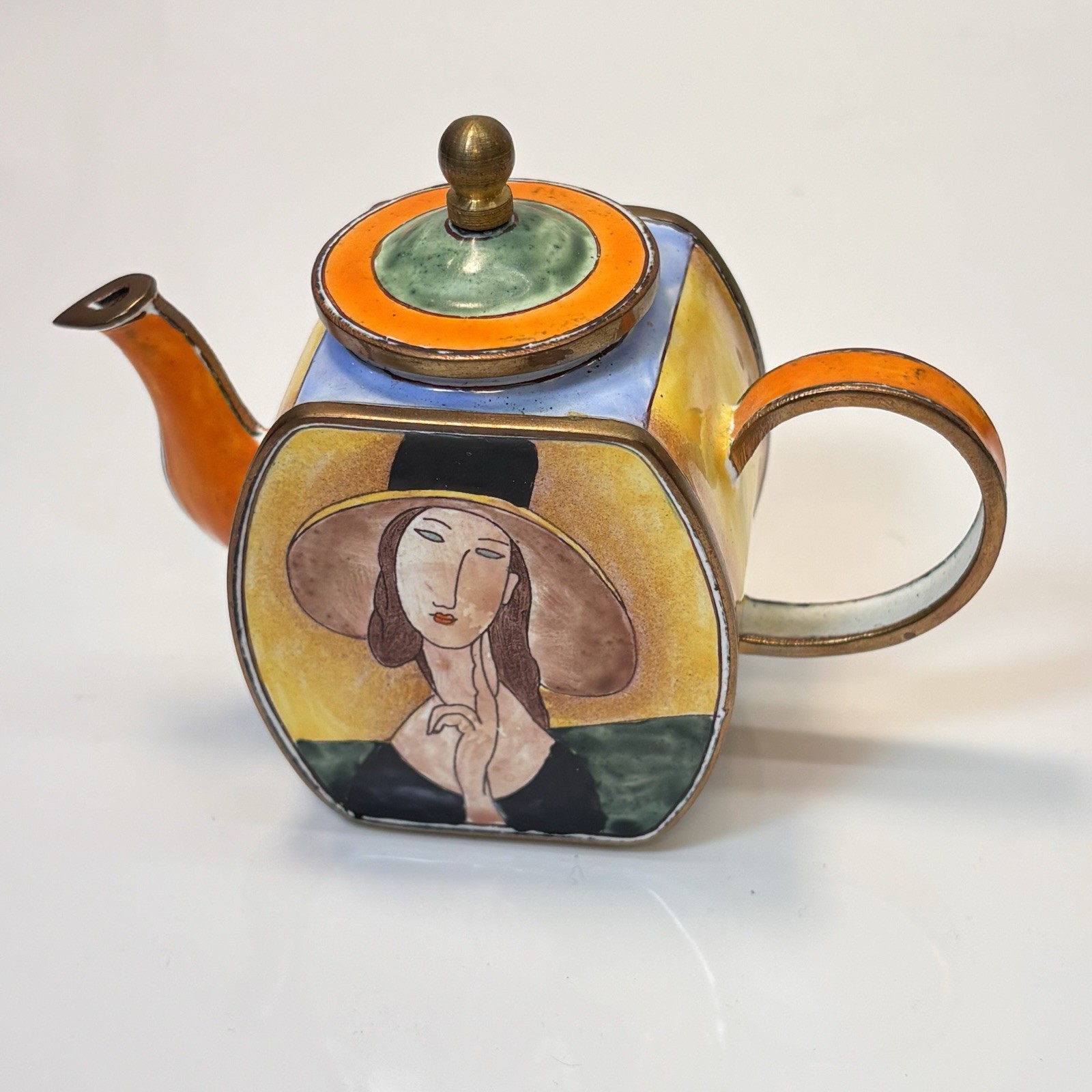 2001 Kelvin Chen Mini Enamel Teapot No. 2595 Modigliani Woman’s Face 4” Long