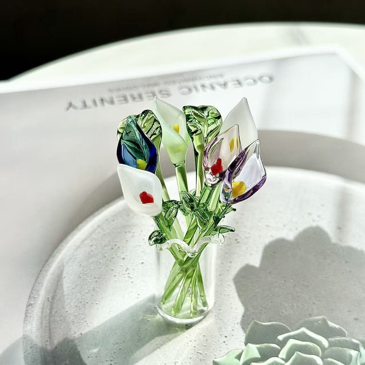 Artificial Mini Calla Lily Flower Set with Vase, Colorful Handmade Glass Flower