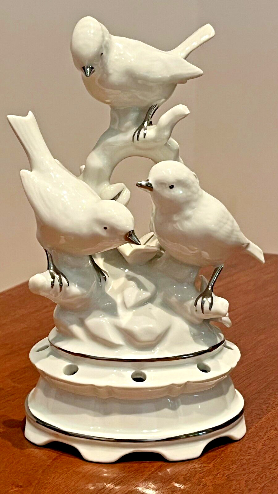 MINT Vintage Dresden White Porcelain w/Silver Trim 3 Bird Flower Frog With Bowl