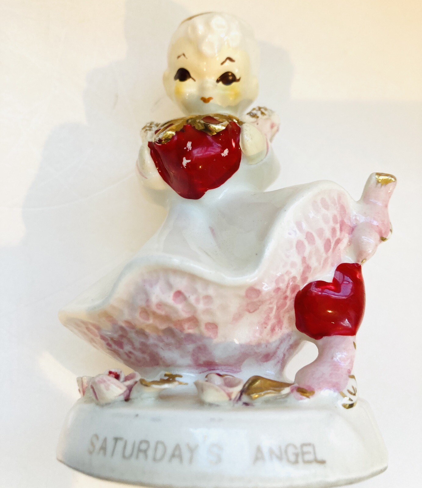 Vintage Napco Lefton ceramic anget w red heart petticoat Saturdays Angel