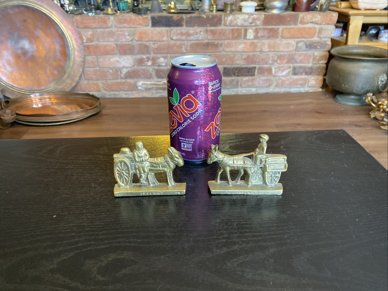 2 Vintage Miniature Brass Doorstop Figures Milk Maid & Man Donkey Carts, Ireland