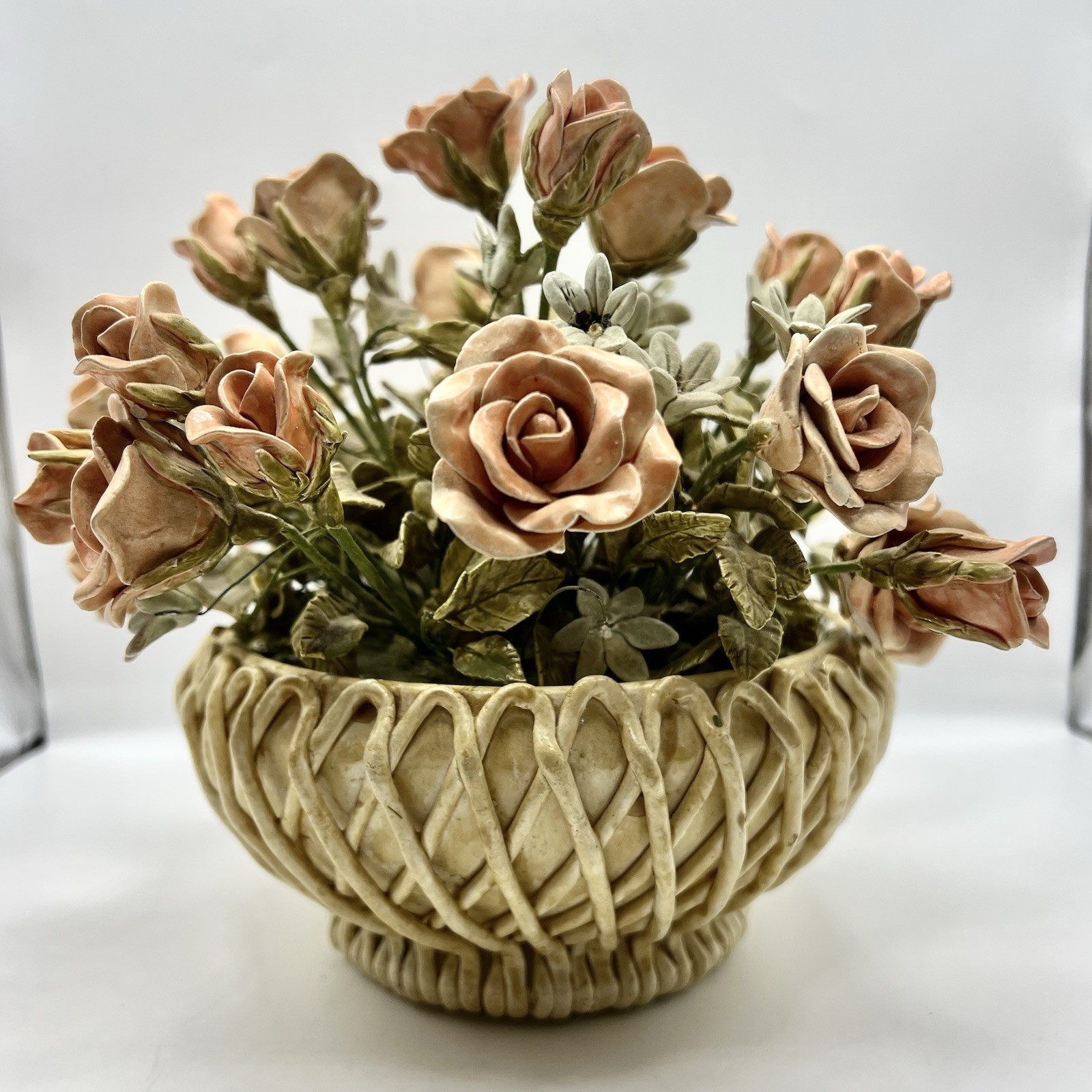 Porcelain Rose Basket Floral Centerpiece Vintage Ceramic Flower Arrangement