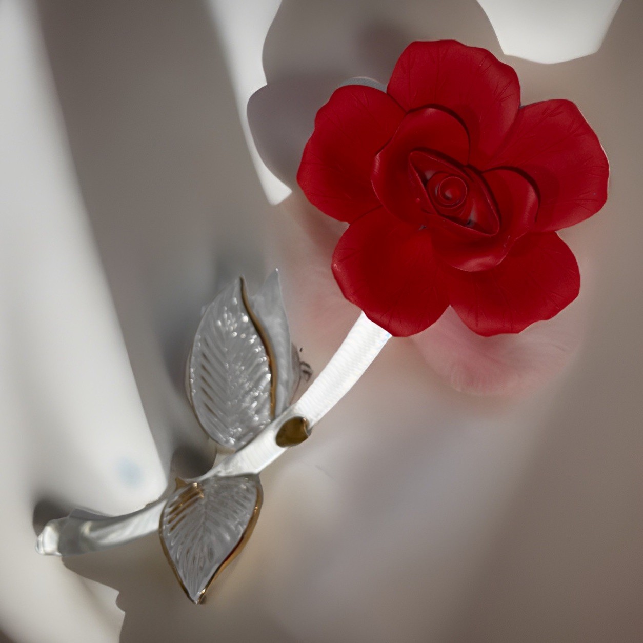 Baron Glass Long Stem Red Rose Porcelain 24K Gold Trim