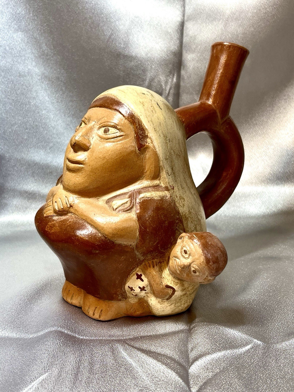 Mocha Ceramic Figural Vessel Of Mother And Child Replica From Peru