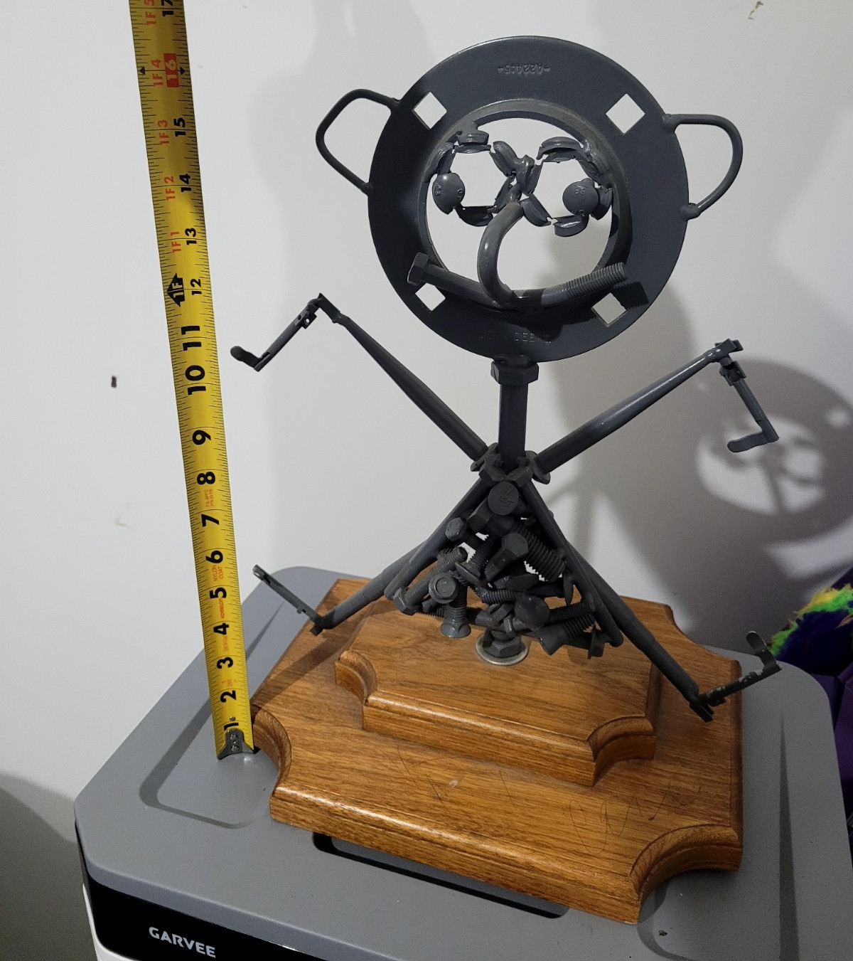 Handmade Welded Metal Stick Figure Sculpture on Wood Base Signed 17in