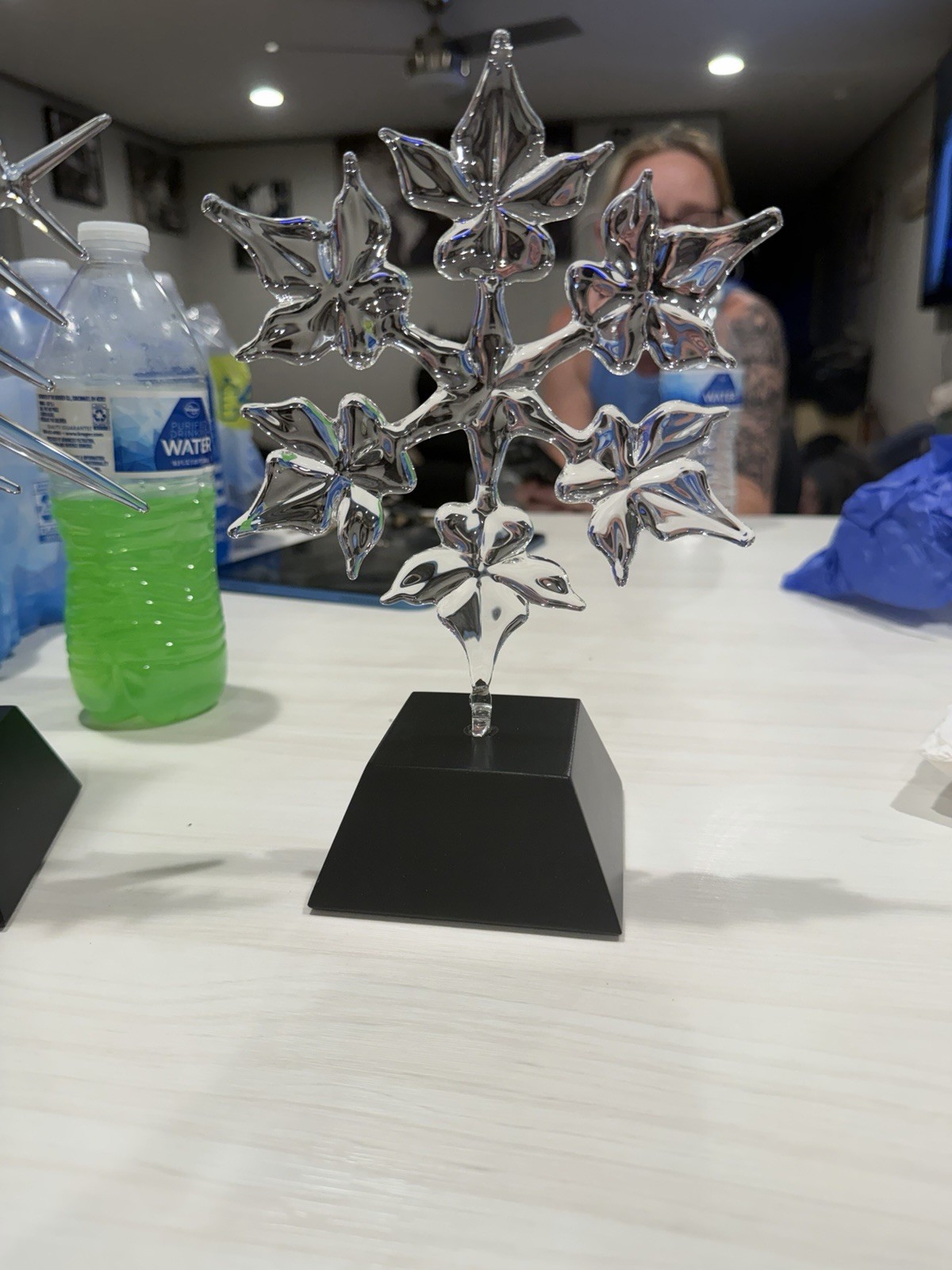 Silver-Tone Floral Flower Sculpture Figurine on Black Base, Modern Decor