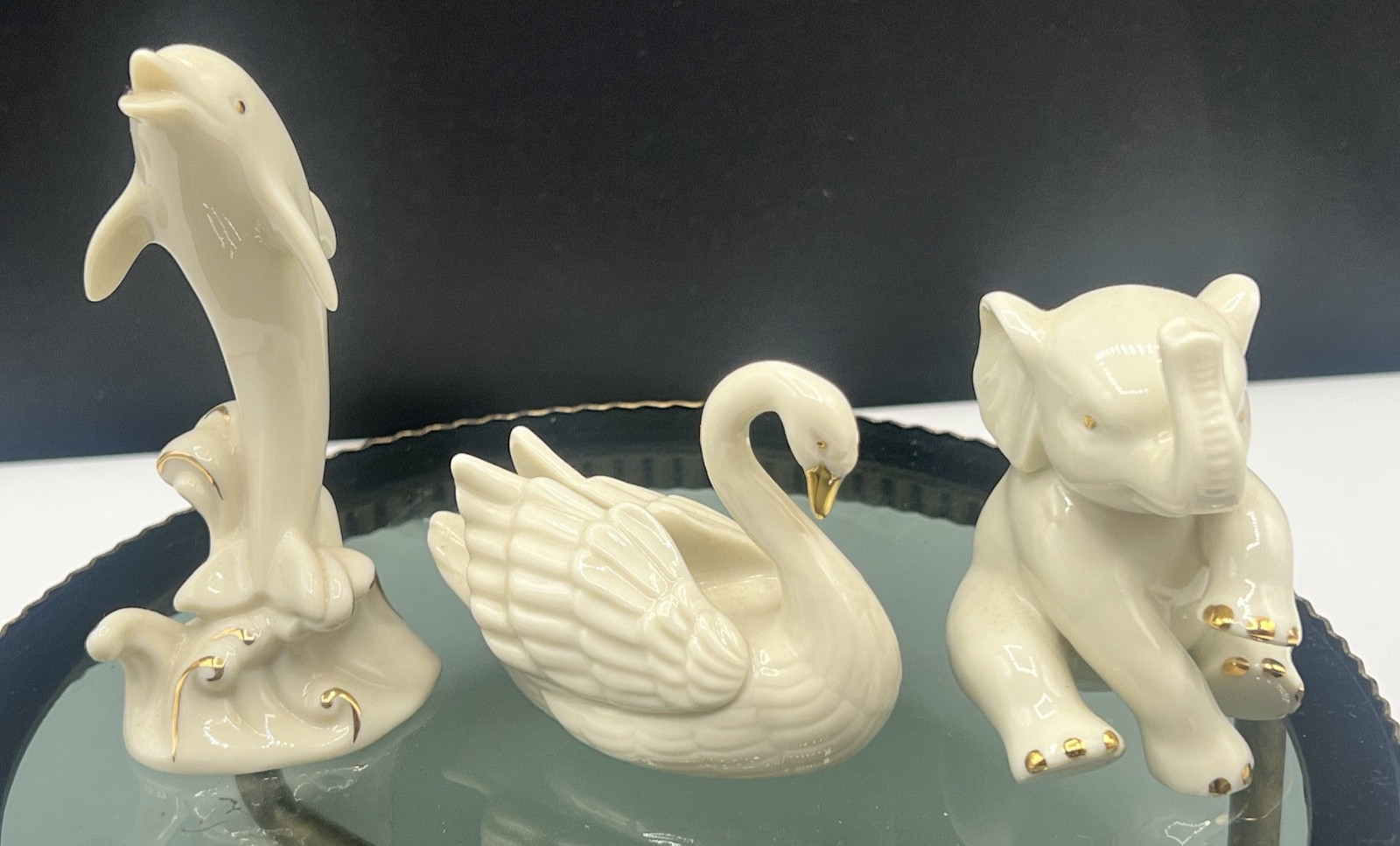 Set of 3 Lenox ivory porcelain Swan,Dolphin,& Elephant WITH GOLD TRIM