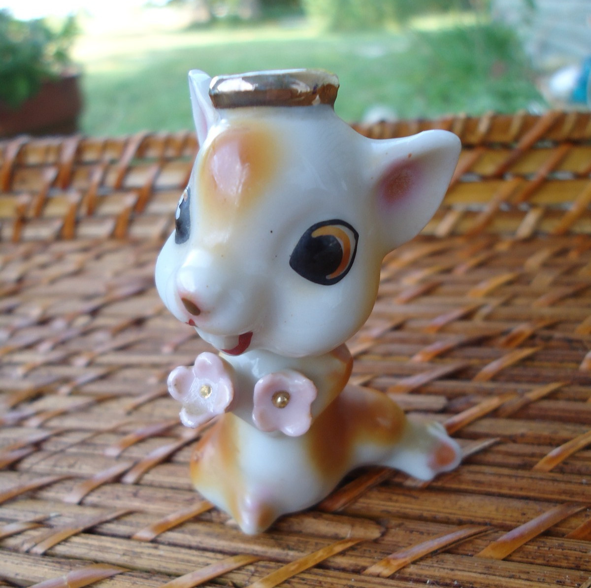 VTG Squirrel Figure Pink Flowers Gold Halo Crown Big Eyes Whimsical Nature Decor