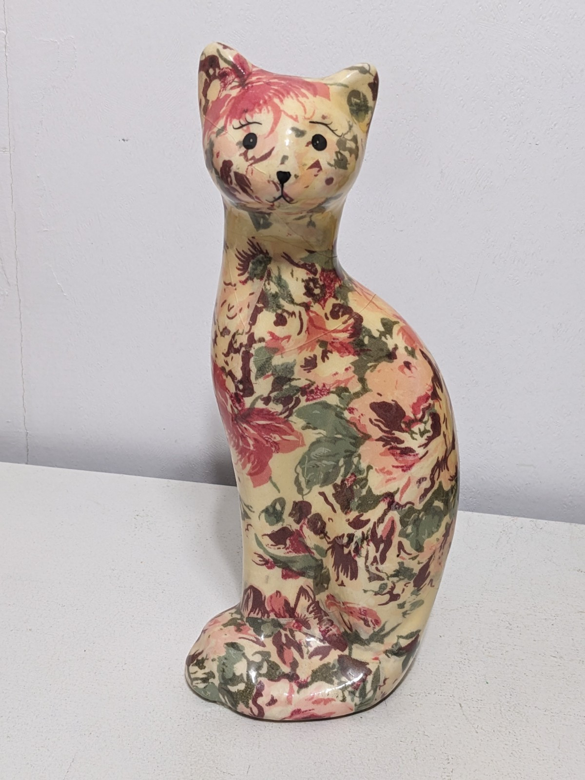 Vtg Crazed Floral Decoupage Calico Porcelain Figurine