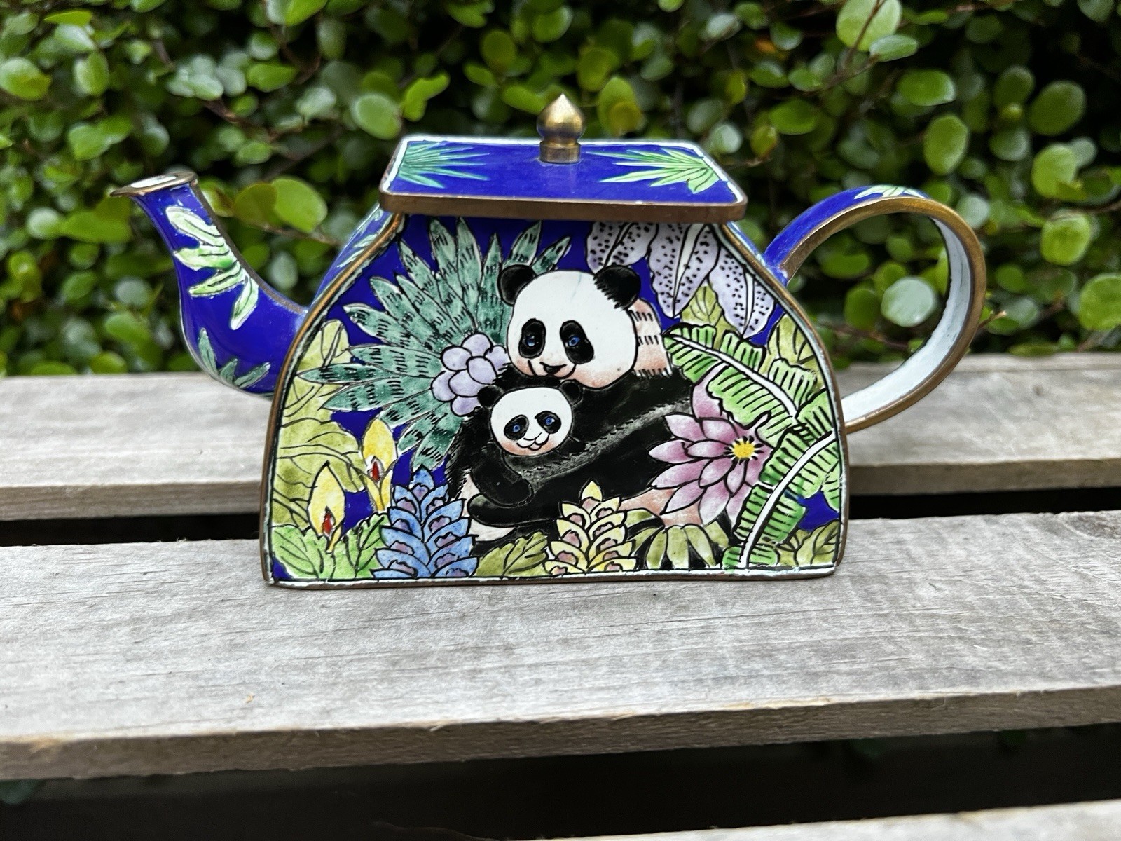 Kelvin Chen Mini Teapot Hand Painted Enamel On Copper Mama Panda & Baby Pristine