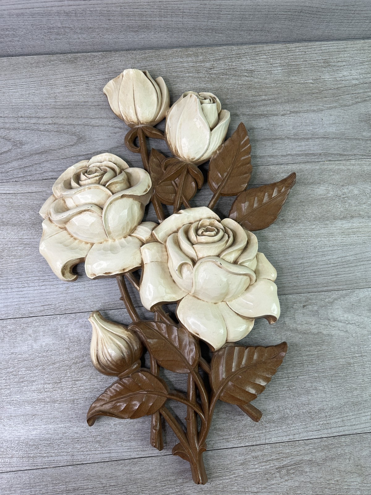 Vintage Syroco Inc. 1962 Off-White & Brown Rose Floral Wall Art Sculpture Decor