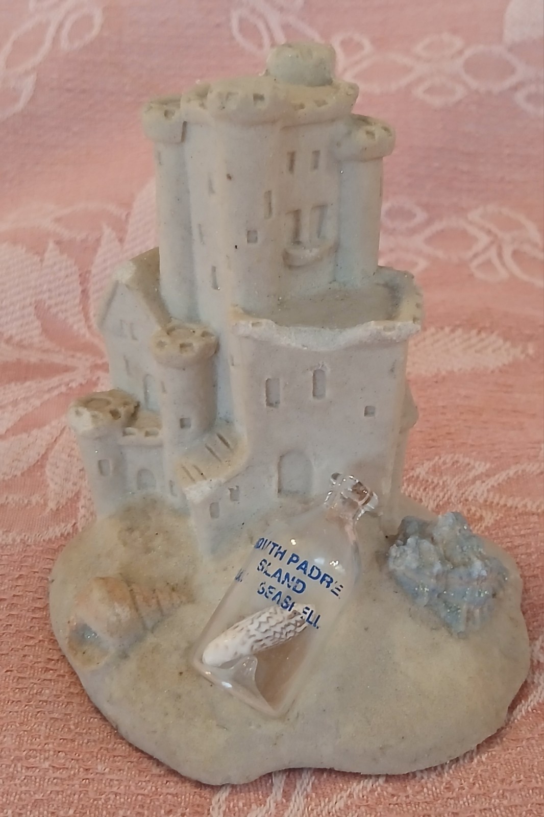 Vtg. 1992 Mr Sandman Sandcastle Sculpture W/Glass Bottle 4.5″ S. Padre Island TX