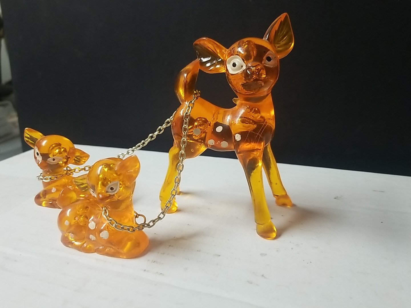 VTG 60s Lucite Chained Deer Family Orange Spotted Doe Fawn MCM With Chain