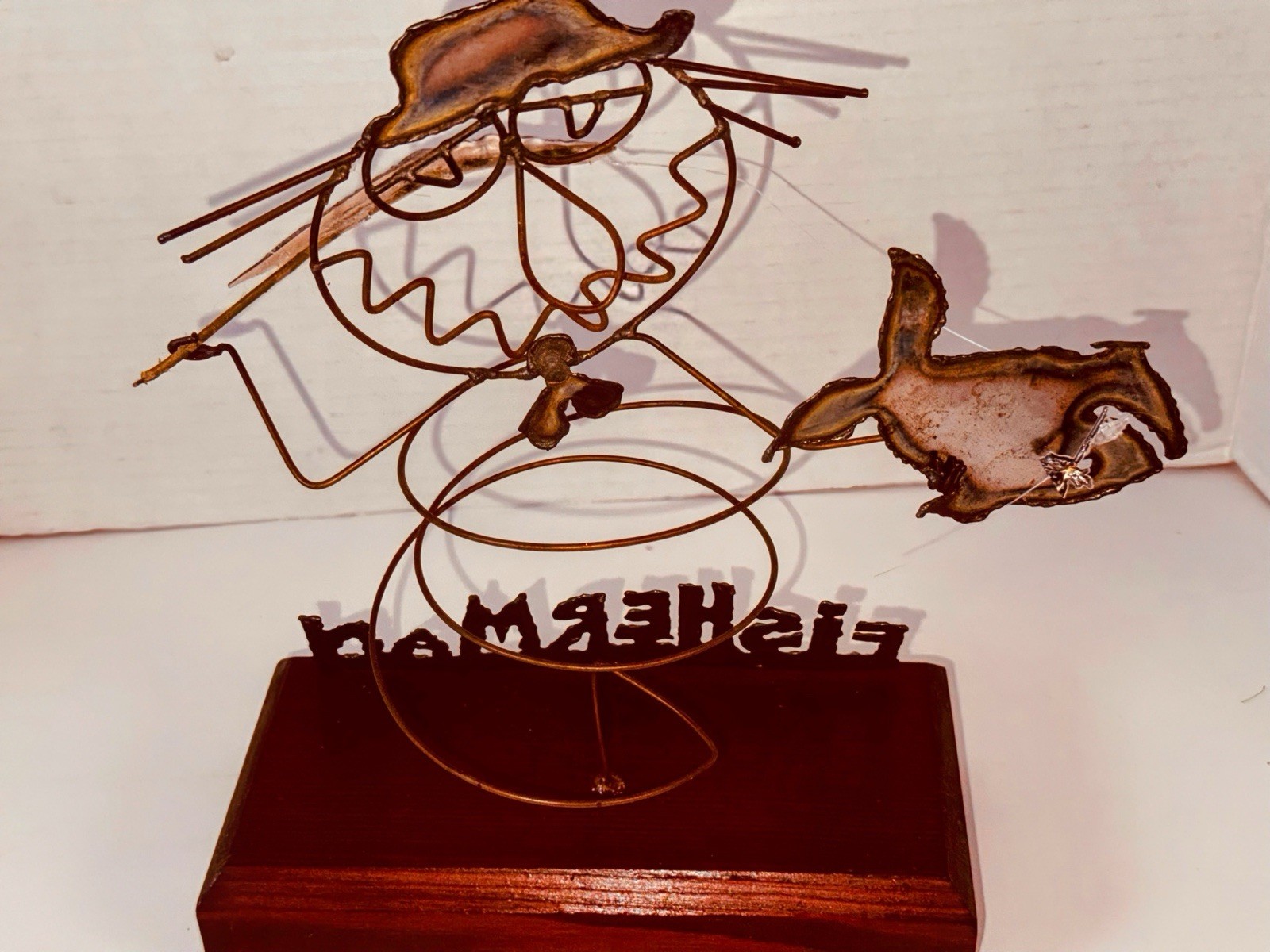 Handmade Enameled Copper & Brass Wire Sculpture Figurine – “FISHERMAN” Sign VNTG