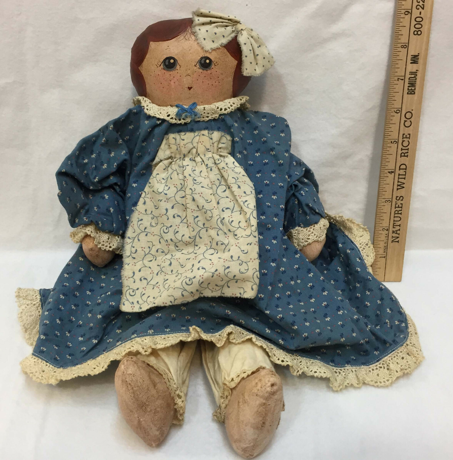 Folk Art Doll Shelf Sitter Blue Country Dress Apron Weighted Hand Painted Signed