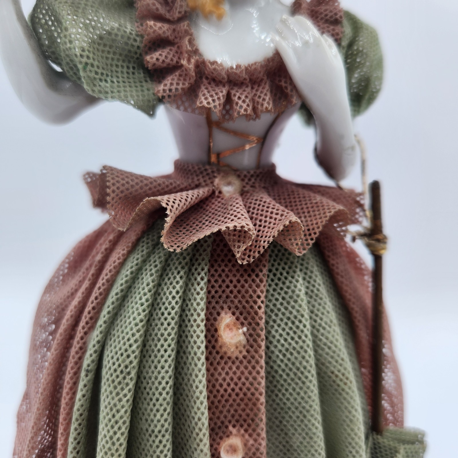 DRESDEN STYLE LADY With Hat & Parasol Umbrella Japan Starched Lace Victorian