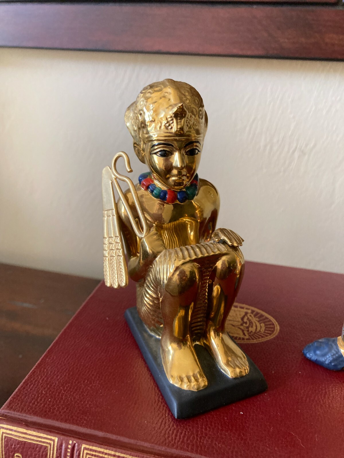 2 Gilt FRANKLIN MINT TREASURES OF TUTANKHAMUN~King Tut Squatting & Unguent Lion