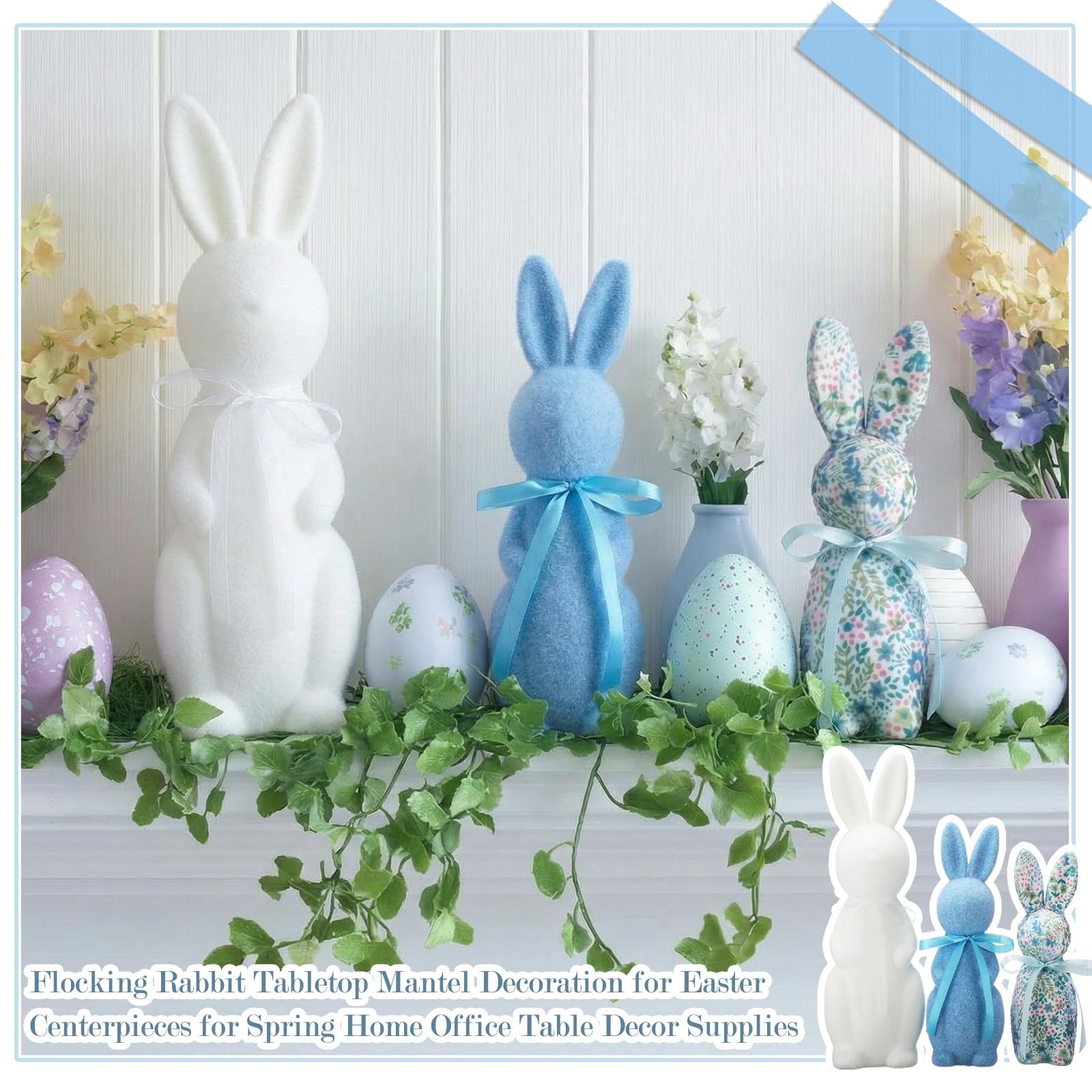 Flocked Bunny Easter Decorations 9/10/13 Inch Rabbit Statue Spring Decor 3 PCS