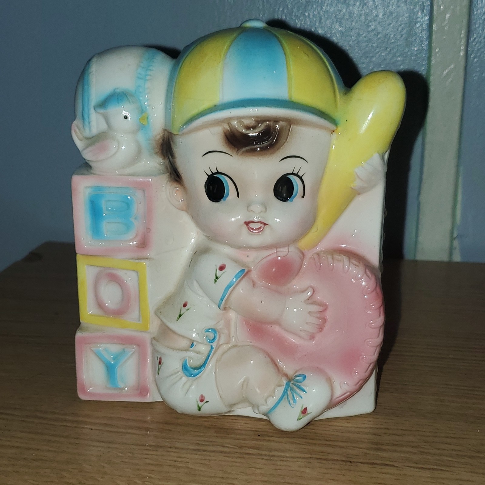 Rubi Rens Ceramic Baby Figurine w/ “BOY” Blocks, Small, 1980s