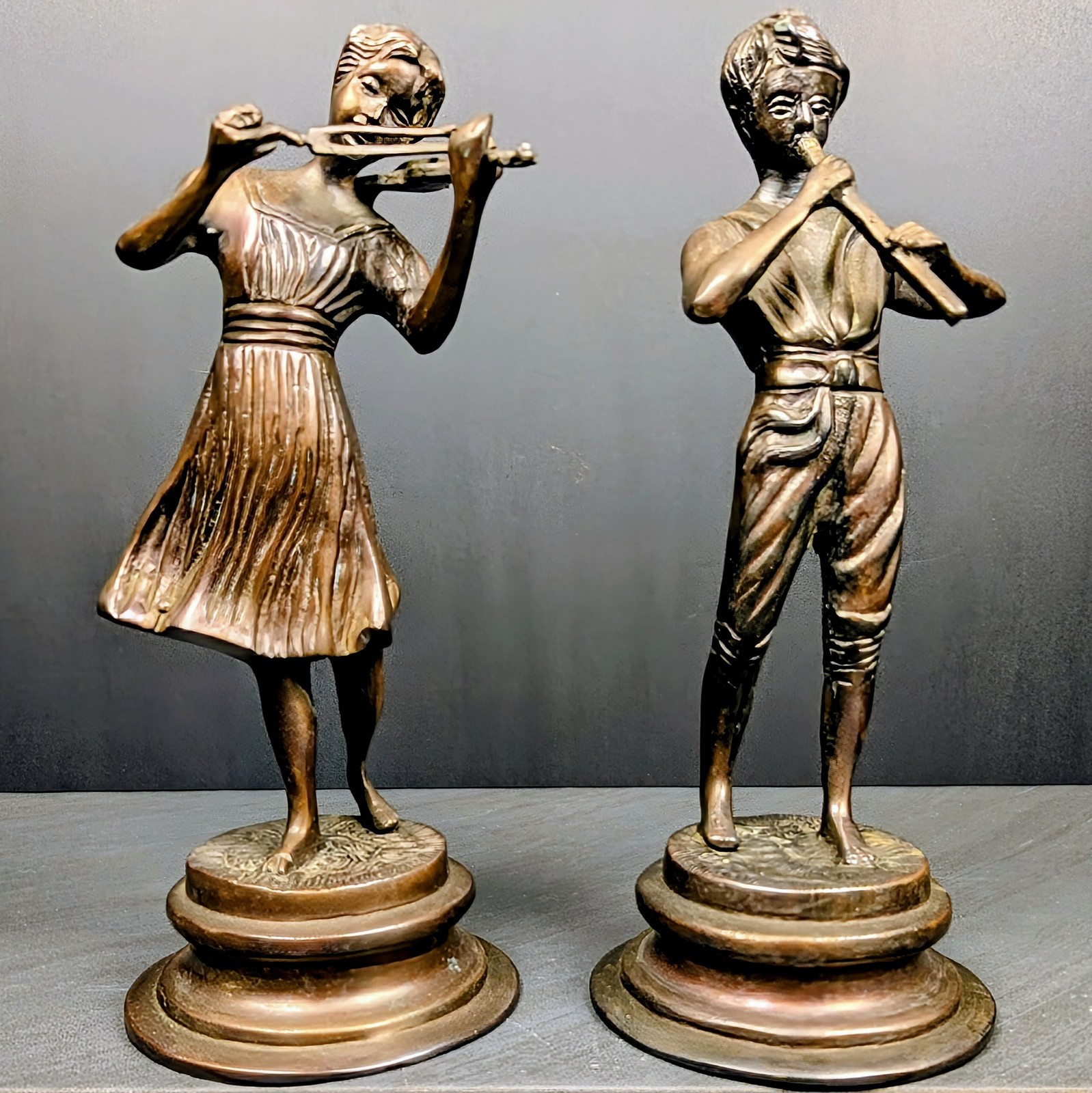 Vintage Cast Bronze Musical Children Figurines Pair 9.5″ After Lancini Molds