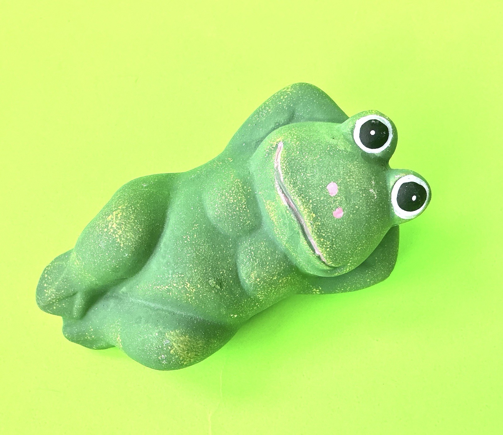 Cute Frog Sculpture Small 2” Green Ceramic Vintage Decor